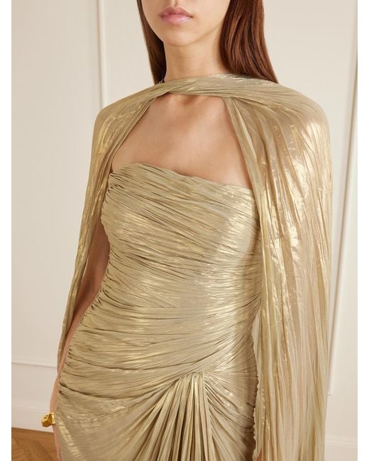 Marmar Halim Natural Cape-Effect Plissé Metallic-Satin Gown