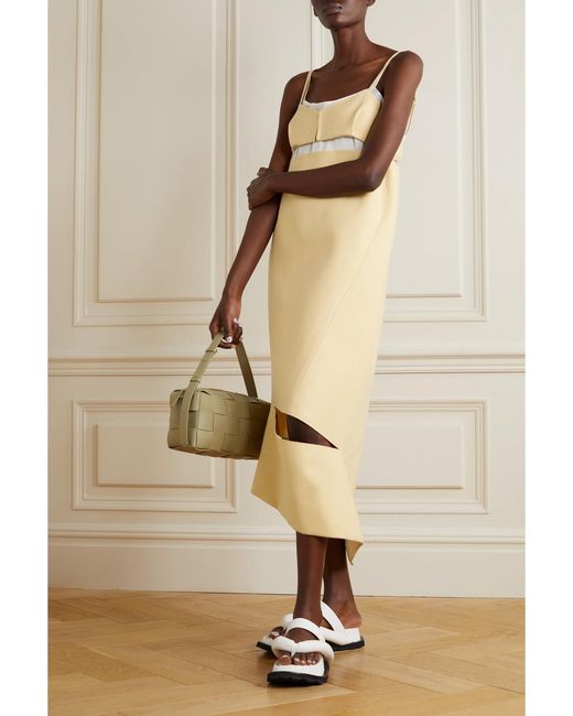 Sacai White Asymmetric Paneled Wool-Crepe And Chiffon Midi Dress