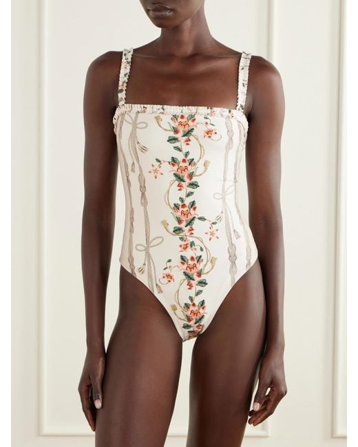 Agua Bendita White Limón Navegante Floral-Embroidered Recycled-Blend Swimsuit