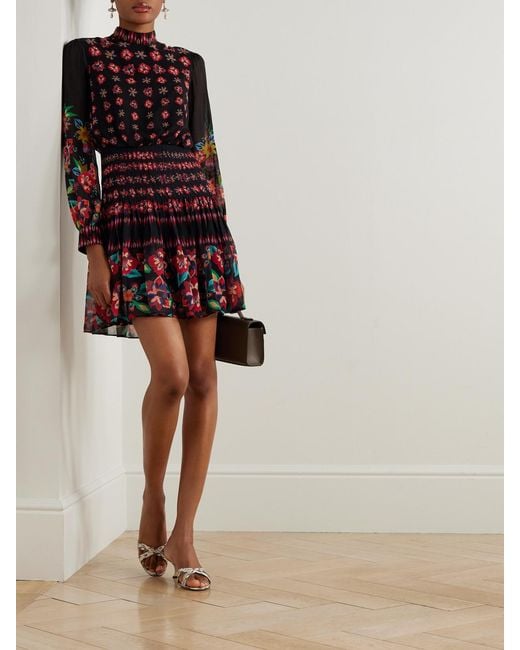 Saloni Red Isa Pleated Floral-Print Silk Crepe De Chine Mini Dress