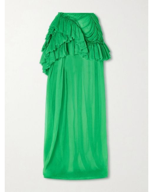 Dries Van Noten Green Shelby Ruffled Silk-Chiffon Maxi Skirt