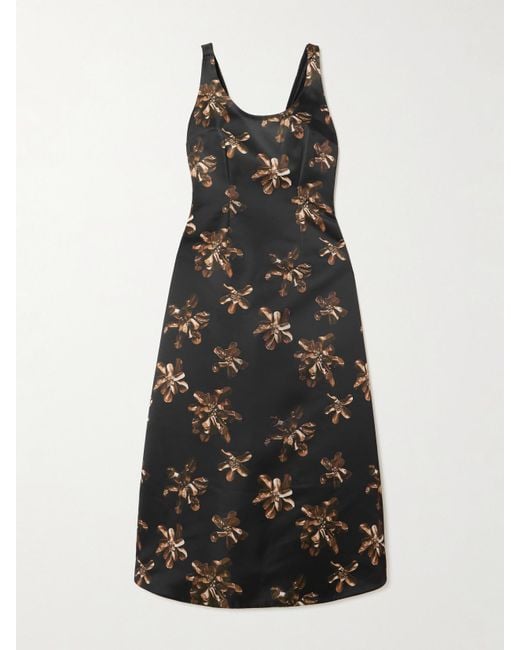 Emilia Wickstead Black Tippi Midikleid Aus Satin Mit Blumenprint