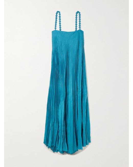 ANDRES OTALORA Blue Un Ritmo Bead-Embellished Plissé-Linen Maxi Dress