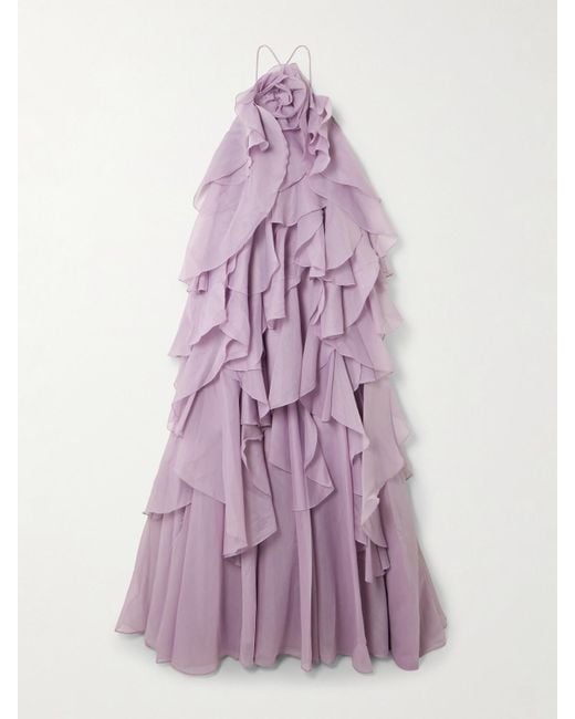 Aje. Purple Pandorea Appliquéd Ruffled Organza Gown