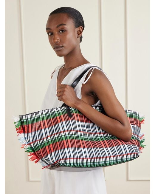 Staud Red Da Adolfo Christos Raffia Checked Fringed Tote