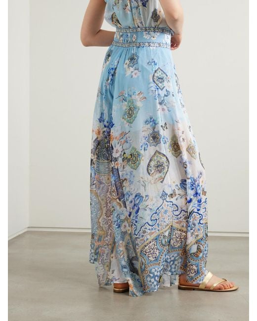 Camilla Blue Al Manial Palace Embellished Printed Silk-Crepon Wide Leg Pants