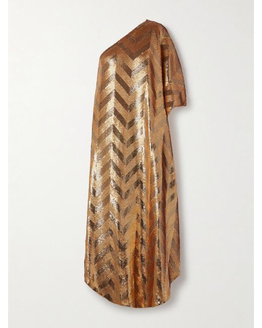 ‎Dima Ayad Natural One-Shoulder Sequined Crepe De Chine Gown