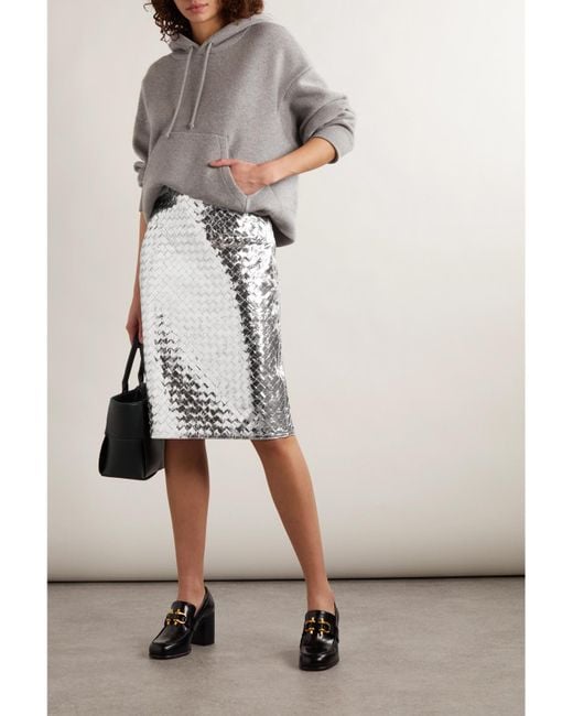 Bottega Veneta White Intrecciato Metallic Crinkled-Leather Skirt