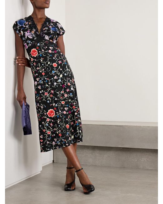 Sea Black Priscilla Lace-Trimmed Embroidered Crepe Midi Dress