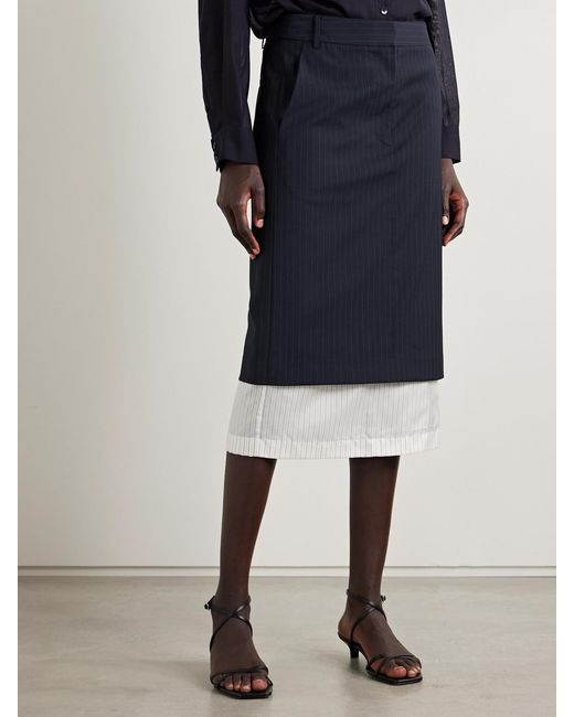 Tibi Blue Mier Layered Pinstriped Wool-Blend Crepe And Satin-Twill Midi Skirt