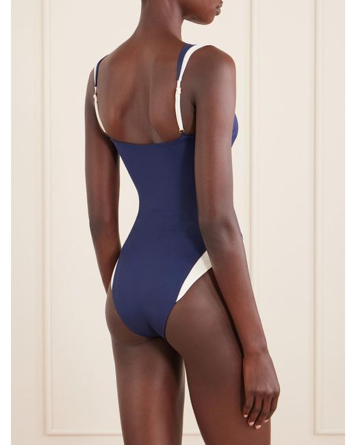 Away That Day Blue Cannes Two-Tone Gathered Recycled Stretch Swimsuit