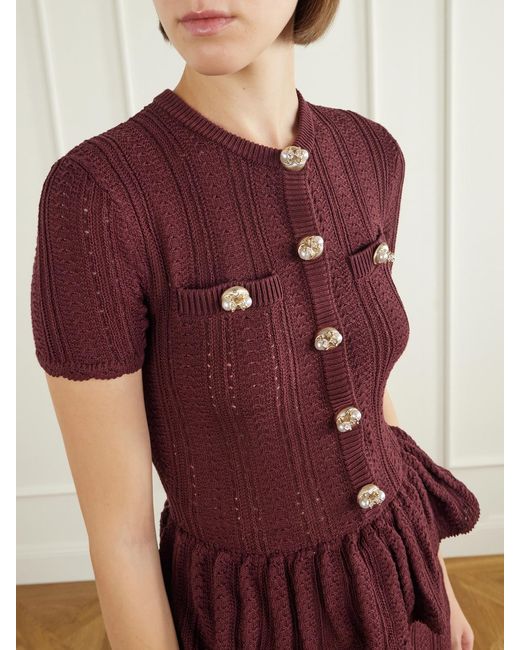 Self-Portrait Purple Button-Embellished Peplum Cotton Midi Dress