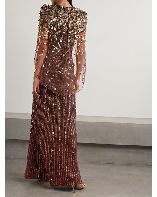 Jenny Packham Brown Nettie Cape-Effect Embellished Sequined Tulle Gown