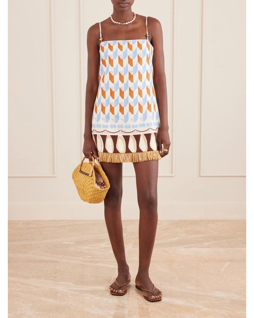 Cara Cara White Valencia Printed Fringed Linen Mini Dress