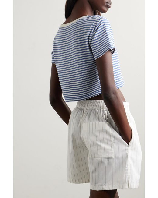 Bode Blue Frog And Pony Cropped Flocked Striped Cotton-Blend T-Shirt
