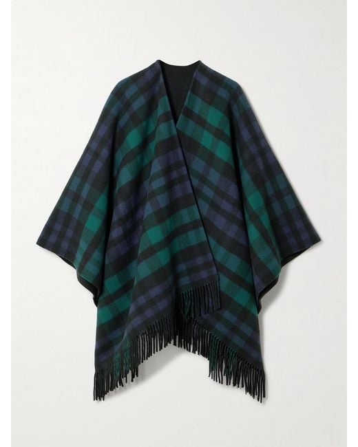 Johnstons Blue Reversible Fringed Checked Wool Cape