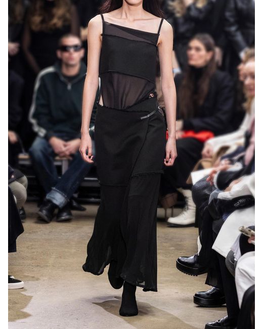 Proenza Schouler Black Dani Paneled Faux Leather-Trimmed Chiffon And Frayed Jersey Maxi Wrap Dress