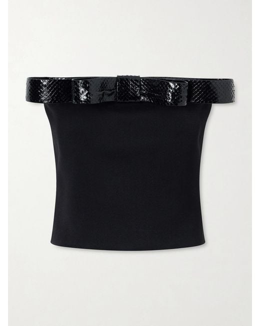 Tom Ford Black Off-The-Shoulder Snake-Effect Leather-Trimmed Wool-Twill Top