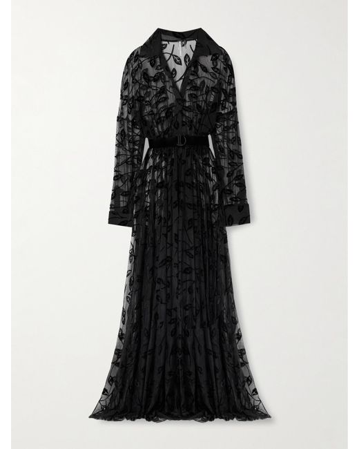 Norma Kamali Black Appliquéd Belted Stretch-Mesh Gown