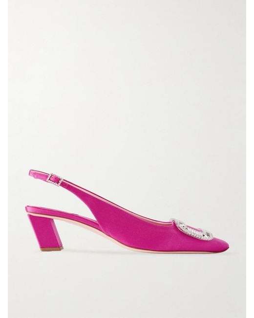 Roger Vivier Pink Belle Vivier Pilgrim 45 Crystal-Embellished Satin Slingback Pumps