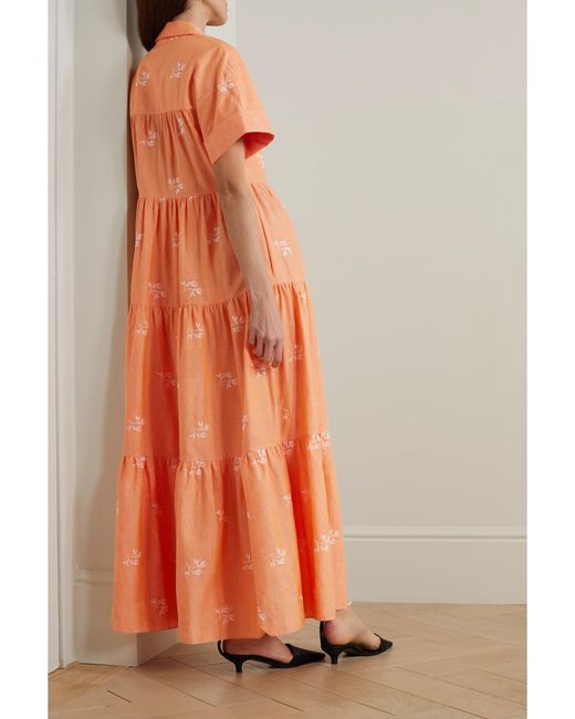 Erdem Orange Helena Oversized Tiered Embroidered Cotton-Blend Gauze Maxi Shirt Dress