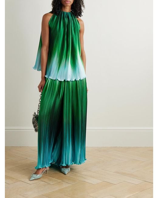 ‎Dima Ayad Green Ombré Plissé-Taffeta Wide-Leg Pants