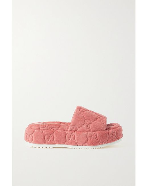 Gucci Angelina Logo-jacquard Cotton-terry Platform Slides in Pink | Lyst
