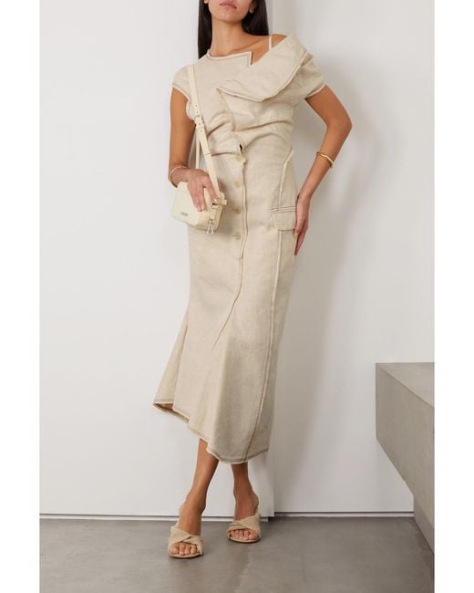 Jacquemus Natural Camargue Asymmetric Linen And Silk-Blend Maxi Dress