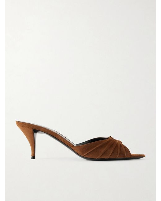 Saint Laurent Natural Babylone Embellished Gathered Suede Mules