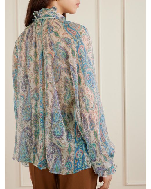 Etro Blue Pussy-Bow Ruffled Paisley-Print Silk-Crepon Blouse
