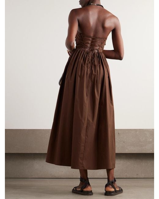 Matteau Brown Strapless Gathered Organic Cotton-Poplin Midi Dress
