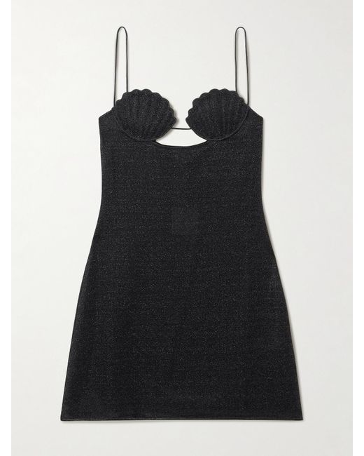 Oseree Black Lumière Cutout Embroidered Metallic Stretch-Knit Mini Dress