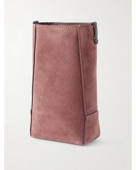 Brunello Cucinelli Pink Embellished Leather-Trimmed Suede Pouch