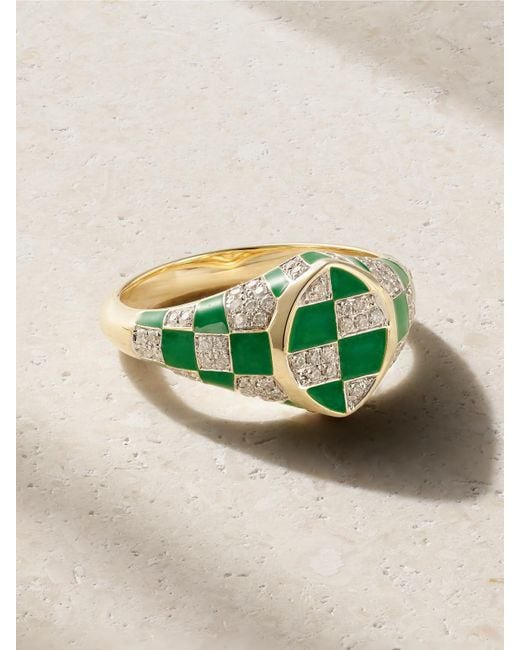 Yvonne Léon Green Baby Chevalière Marquise 9-Karat And, Enamel And Diamond Signet Ring