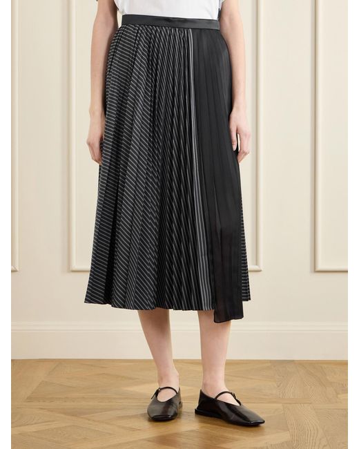 Sacai Black Pleated Striped Chiffon-Trimmed Cotton-Blend Poplin Maxi Skirt