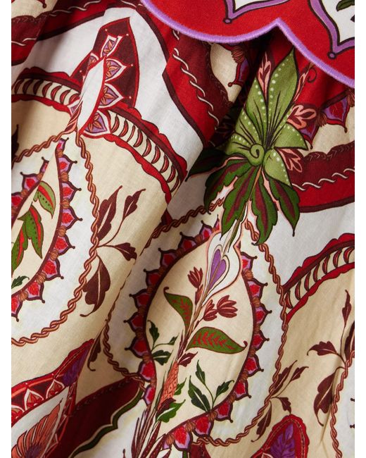 Farm Rio Red Odara Scalloped Printed Linen-Blend Midi Skirt