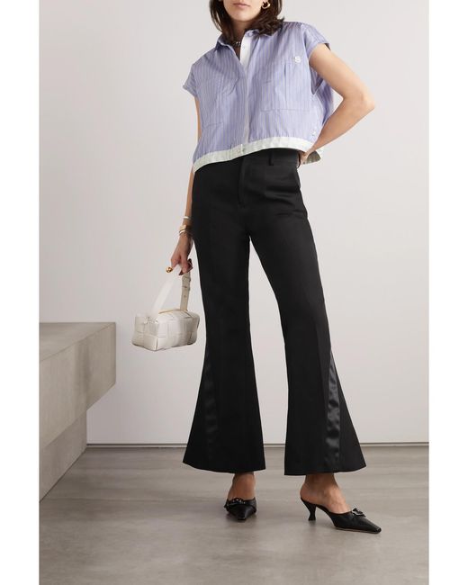 Sacai Black Satin-Trimmed Silk And Cotton-Blend Flared Pants