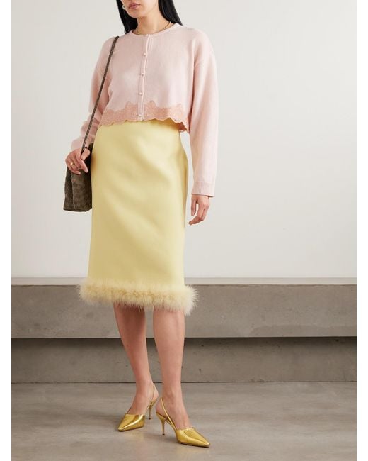 Valentino Garavani Yellow Feather-Trimmed Wool And Silk-Blend Crepe Midi Skirt