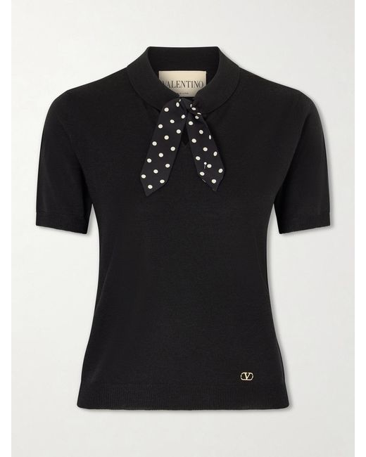 Valentino Garavani Black Silk-Trimmed Wool-Blend Knit Polo Shirt