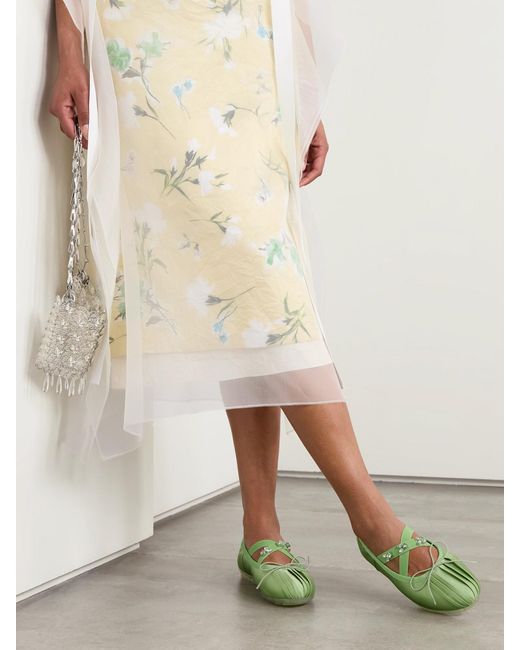 Simone Rocha Green Grosgrain-Trimmed Crystal-Embellished Pleated Satin Ballet Flats