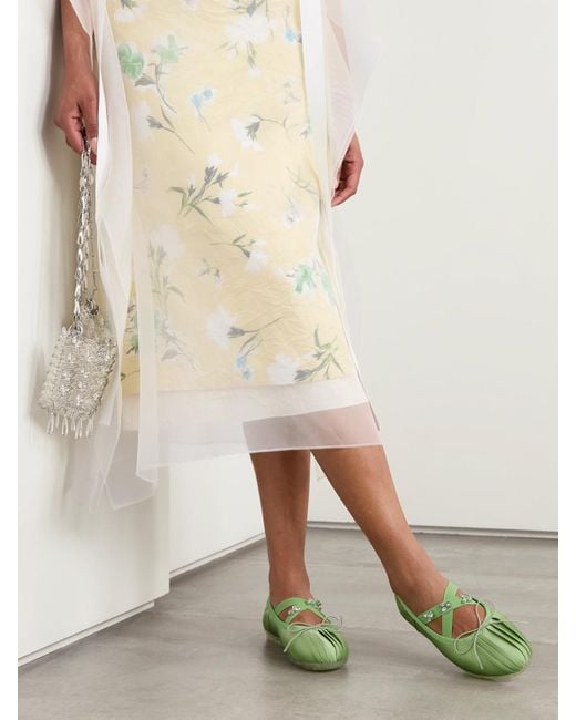 Simone Rocha Green Grosgrain-Trimmed Crystal-Embellished Pleated Satin Ballet Flats