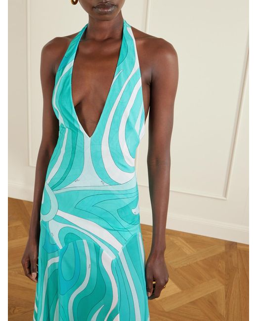 Emilio Pucci Blue Printed Silk Twill-Trimmed Crepe-Jersey Halterneck Midi Dress