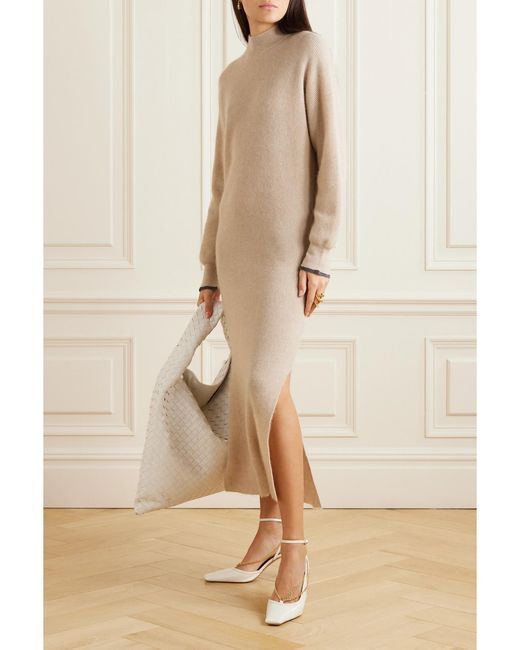 Brunello Cucinelli Natural Ribbed Alpaca And Cotton-Blend Midi Dress