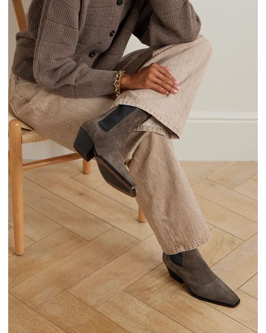 Brunello Cucinelli Black Chelsea Boots Aus Veloursleder Mit Zierperlen