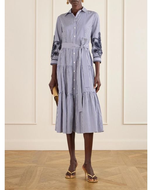 Carolina Herrera Blue Belted Tiered Embroidered Striped Cotton-Poplin Midi Dress