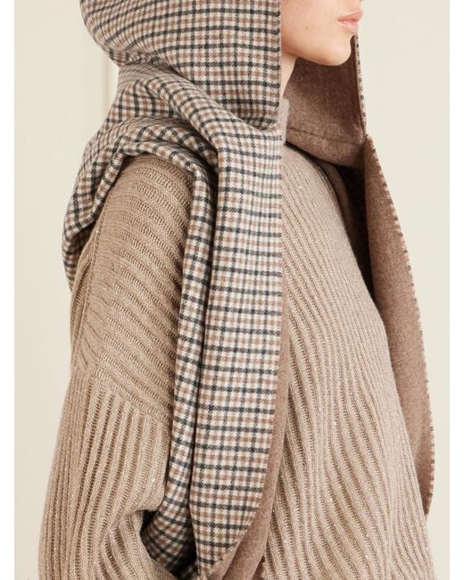 Brunello Cucinelli Gray Hooded Fringed Checked Cashmere Wrap