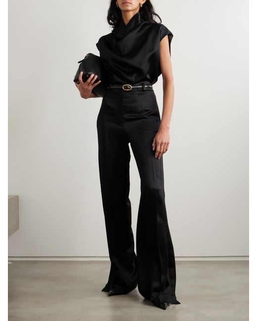 Totême  Black Pleated Satin-Trimmed Crepe Straight-Leg Pants