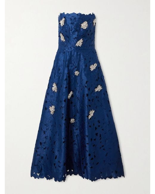 Costarellos Blue Strapless Crystal-Embellished Corded Lace Midi Dress