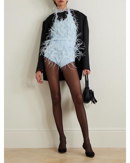 ShuShu/Tong Blue Feather-Trimmed Knitted Shorts