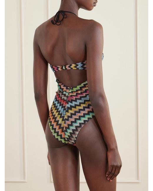Missoni White Striped Metallic Crochet-Knit Swimsuit